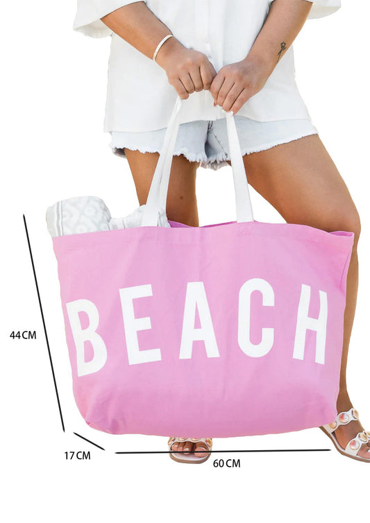 Pink BEACH Letter Print Large Canvas Bag